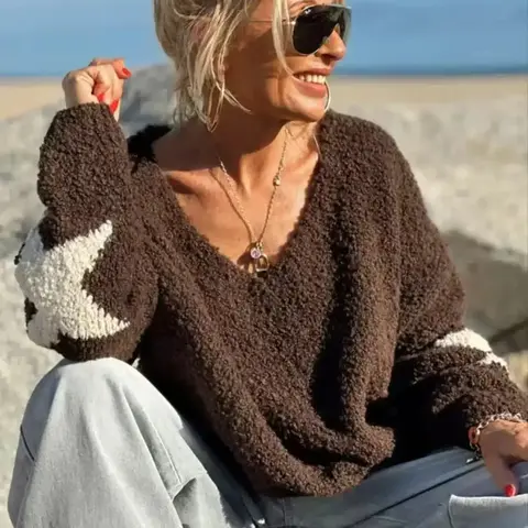 Women's Soft V Neck Sweater, Autumn Winter Loose Knit Pullover, New Design Star Pattern Top, Casual Fashion Long Sleeve Shirt, Knitwear