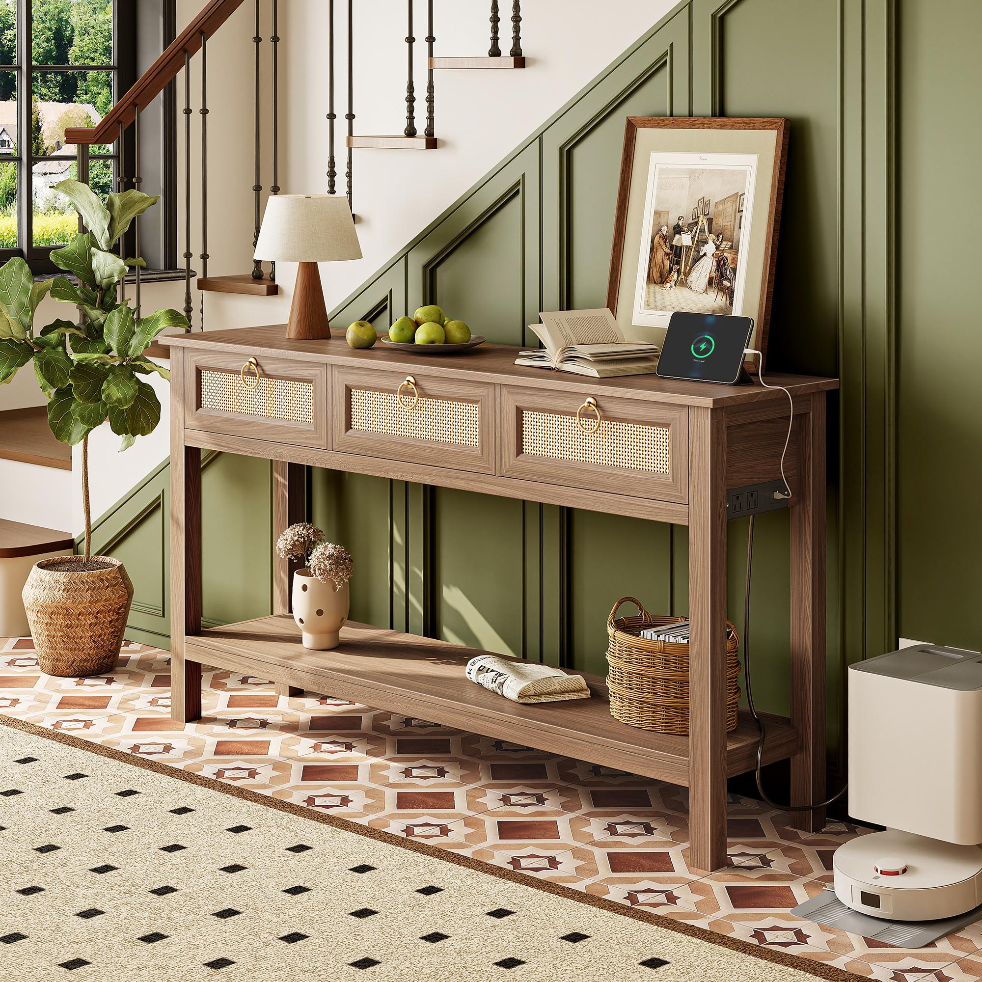 SUPERJARE Rattan Console Sofa Table with Outlets and USB-C Port, 3 Drawer Entryway Table with Synthetic Rattan Surface, Open Shelf, Behind Couch Entry Foyer Hallway Storage
