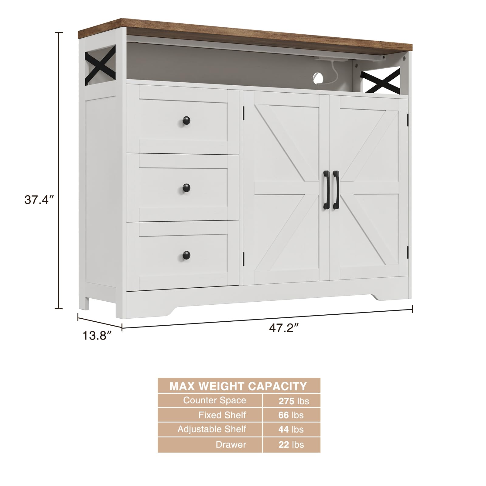Vabches Farmhouse White Storage Cabinet with Doors and Drawers, Freestanding Kitchen Pantry Cabinet, Floor Storage Cabinet Hutch Cupboard for Kitchen/Laundry/Living Room/Bedroom