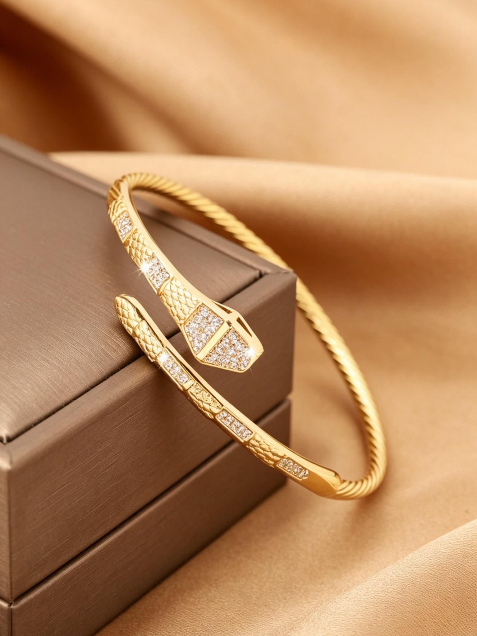 Elegant Snake Design Open Bracelet, Unique Zircon Stone Head, High-End Jewelry for Commuting and Dates, Stylish Accessory for Women