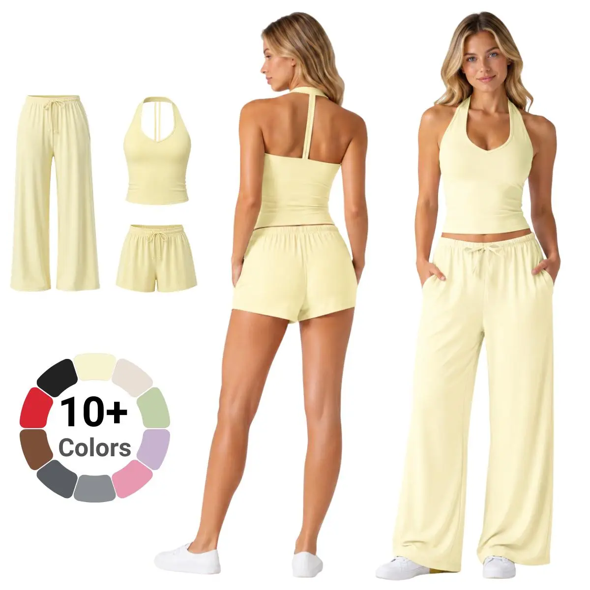 POWERASIA Women's 2-Piece Seamless Halter Crop Top & High Waist Wide Leg Pants Set - Breathable Quick-Dry Nylon Lightweight Workout Gear, Yoga, Lounge, Machine Washable Summer Activewear, Chic, Running, Outdoor, Matching Workout Set, Gym Clothes Set