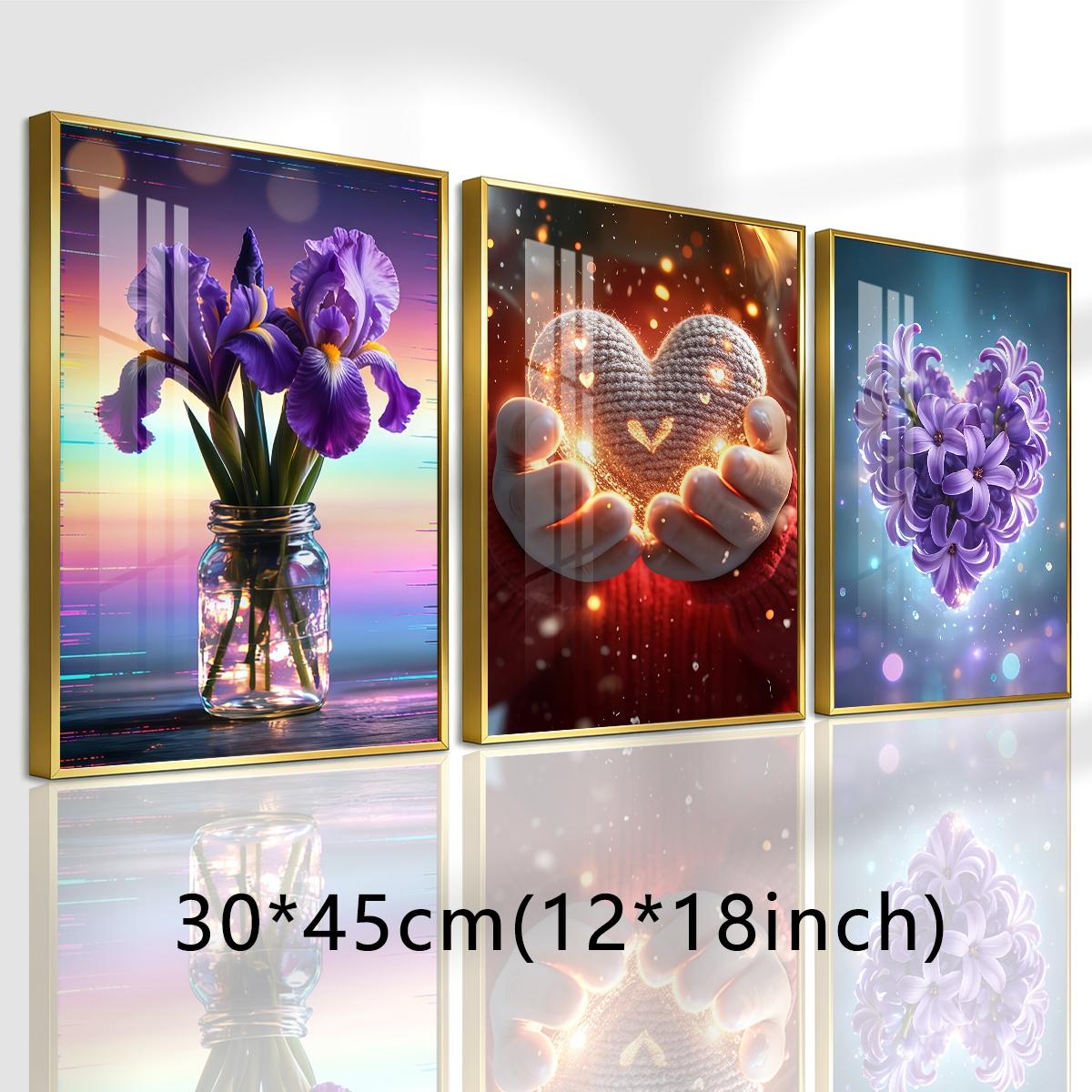3 Counts Aluminum Alloy Framed Painting, Purple Irises And Glowing Heart Flower Art Pictures, Home Decoration For Living Room, Bedroom, Office, Restaurant, Hallway Wall Decor, Odorless Print Artwork, Luxury Perfect Gift For Friends And Family