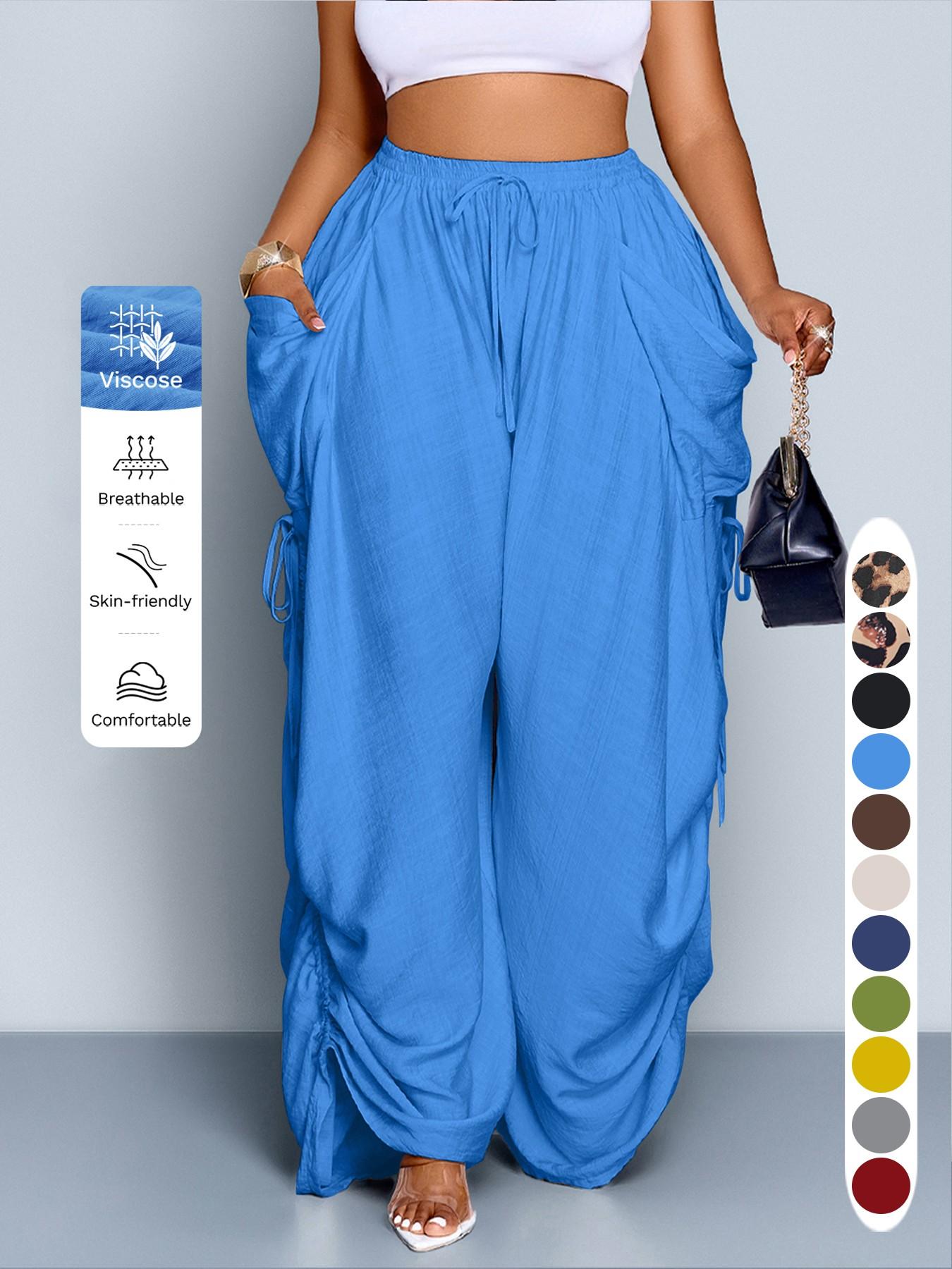 Women's Casual Loose-Fit High Waist Wide Leg Pants, All-Season Woven Fabric, Long Plain Design, Daily Commute & Vacation Wear