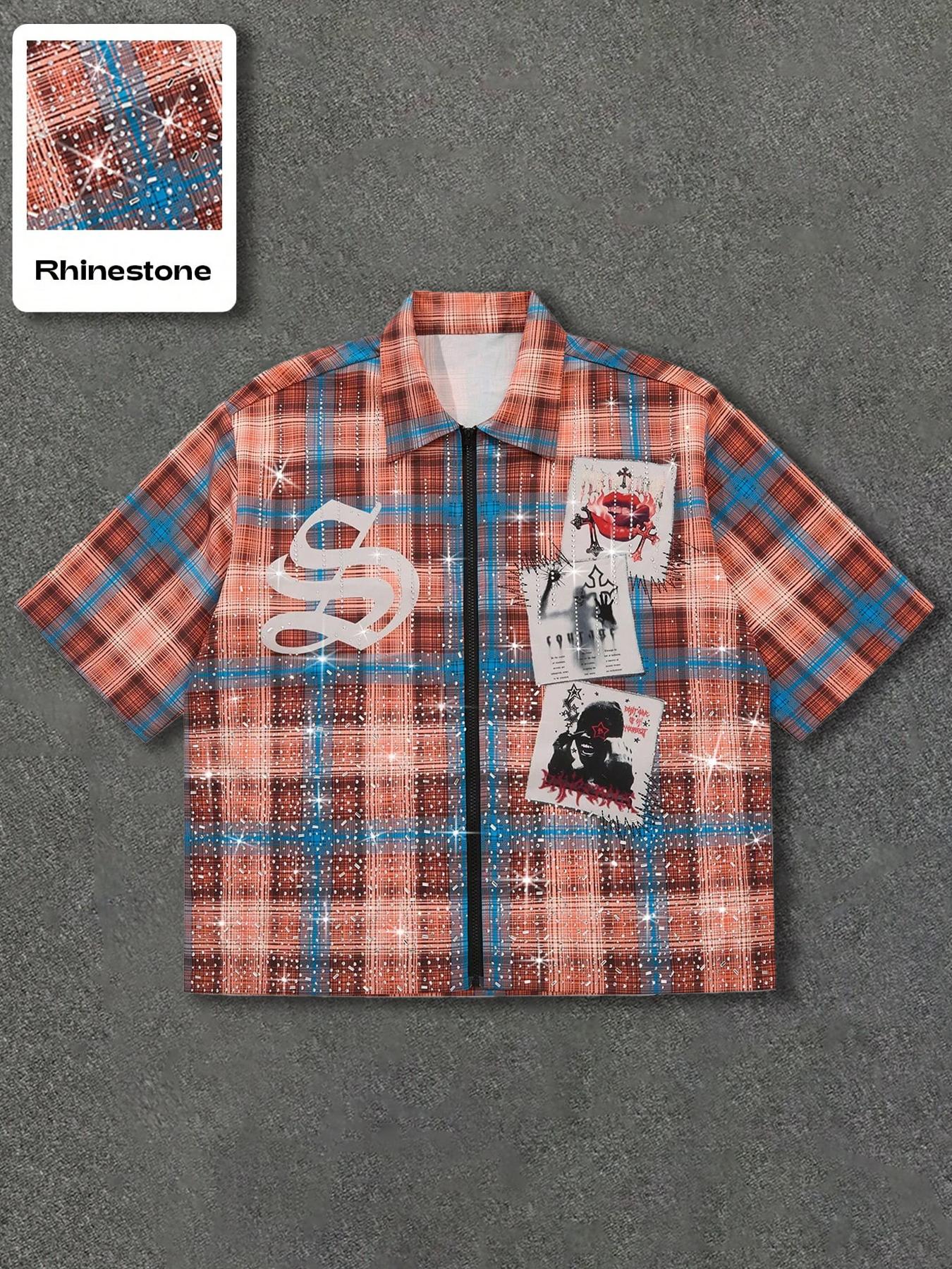 Men's Gothic Print Sequins Plaid Casual Button Shirt, Street Style Fitted Woven Fabric, All Seasons Fashionable Design