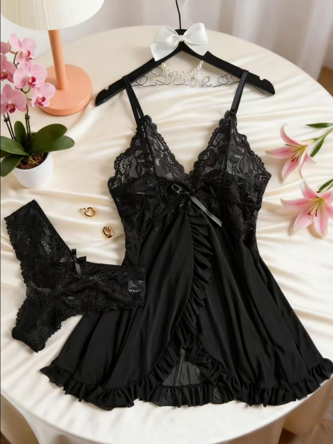 1 Count Ladies' Sexy Ruffle Trim Cami Nightdress & Bow Decor Panty Sets, Comfortable Playful Floral LaceSee Through Sleepwear Set, Sexy Slim-fit Spaghetti Strap Dress& Thong Set, Comfy Pj Set, Suitable For Holiday&Valentine's Day