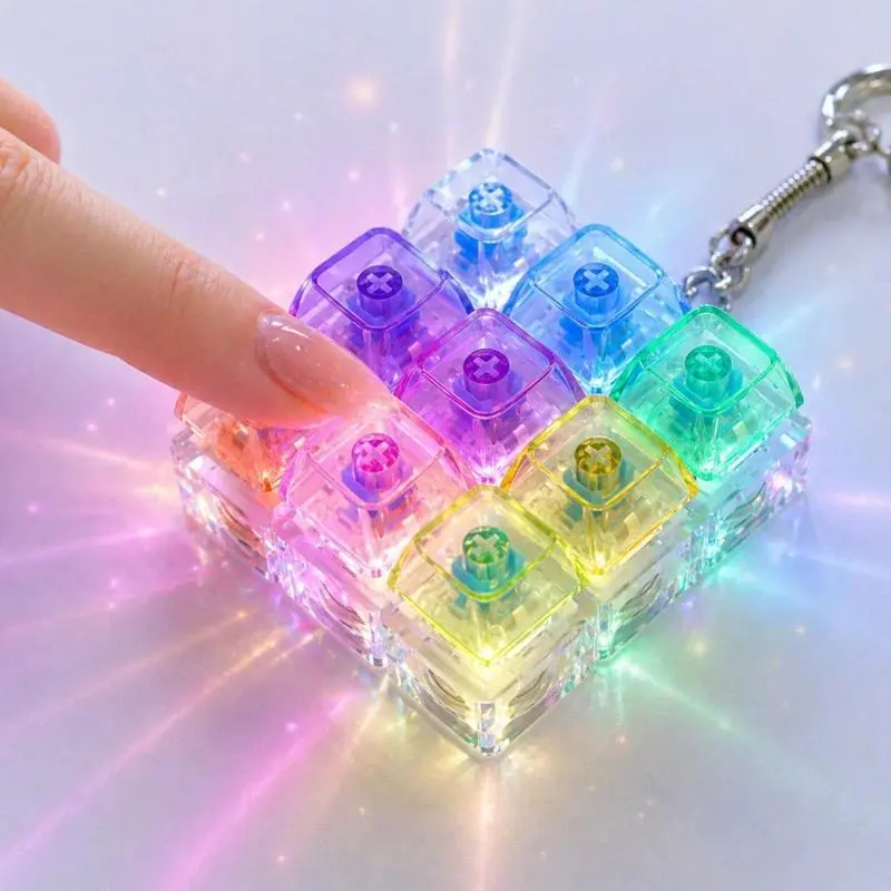 9keys LED Keyboard Keychain Mechanical Button Fidget Key Switch Caps Finger Toys Relief Stress Gifts Car Key Ring for Adults, Plastic, Stress Relief