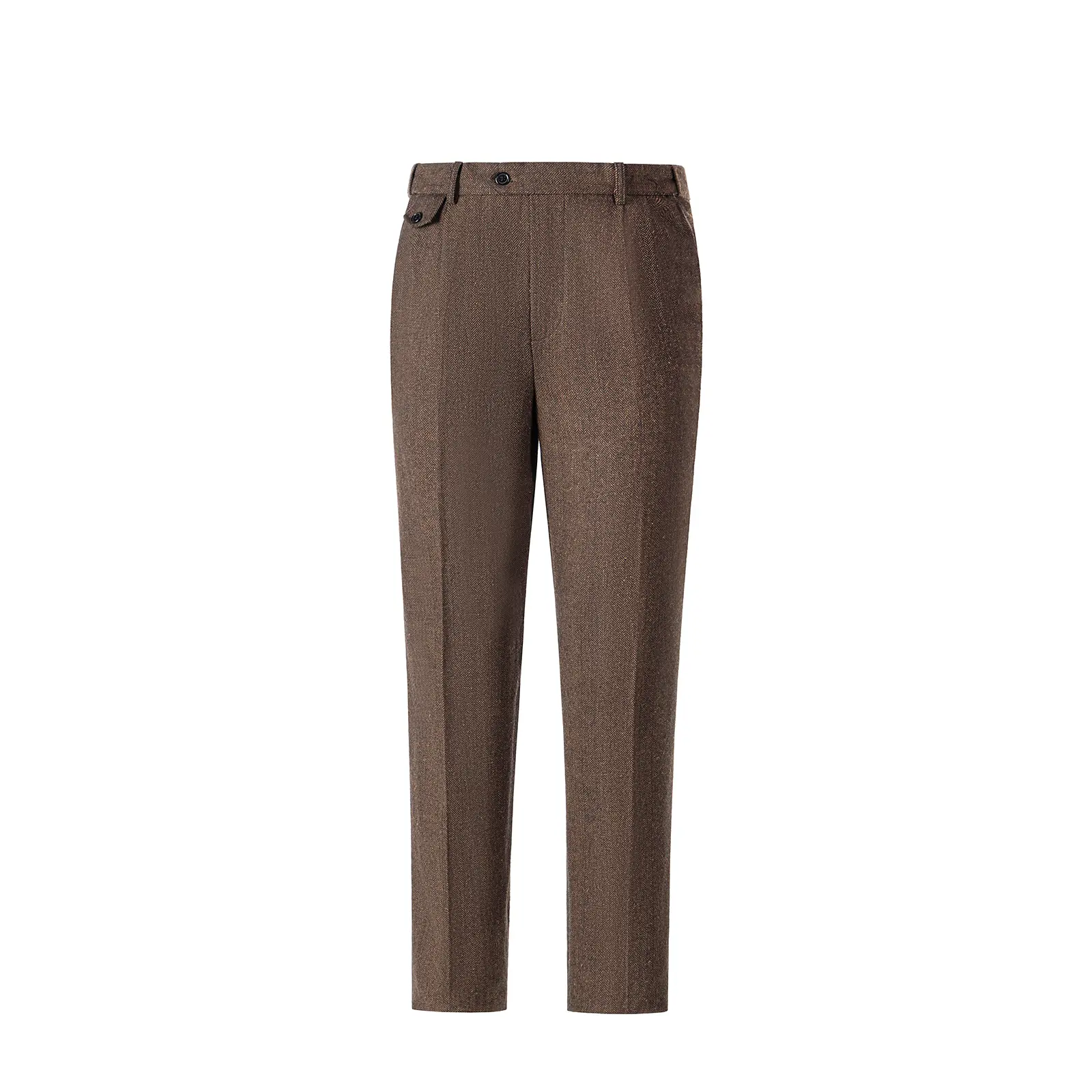 Men's Herringbone Tweed Straight‑Leg Pants Double Pleat Turn‑Up Cuff Retro Gentleman Formal Trousers