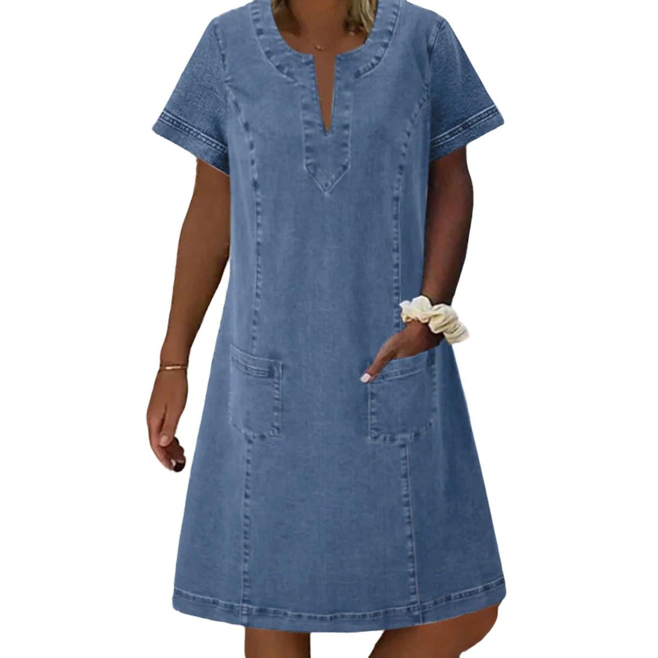 CHARTOU women's summer V-neck denim dress, loose denim short sleeved dress with pockets CHARTOU women's summer V-neck denim dress, loose denim short sleeved dress with pockets
