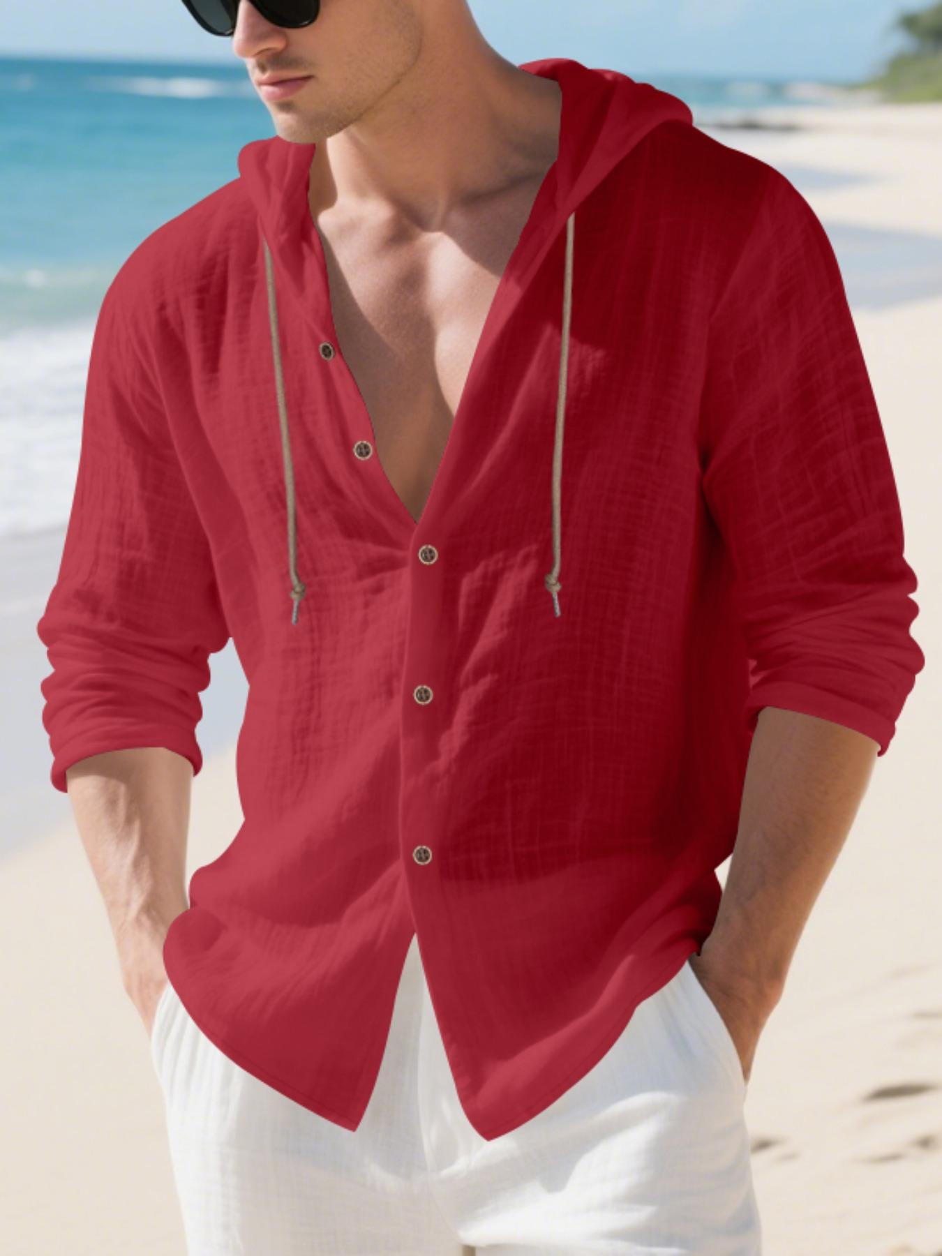 Men's Solid Color Linen Hooded Long Sleeve Shirt, Loose Fit Casual Beach Vacation Style, Comfortable Spring Summer Fashion