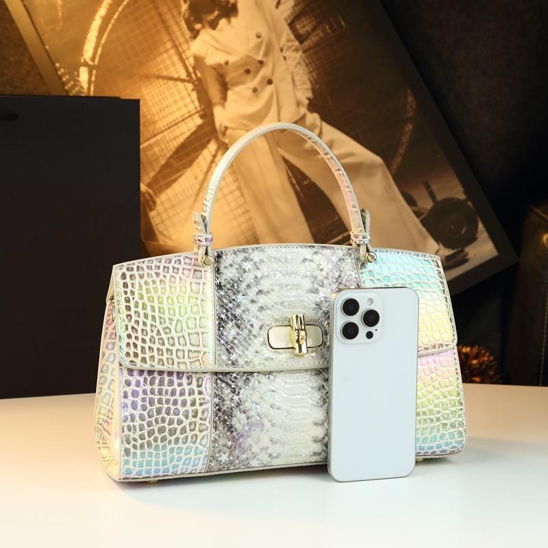 Vibrant Snake Print Crocodile Pattern Handbag, Luxurious Single Shoulder Bag, High-End Commuter Crossbody Bag, Versatile Locking Female Bag