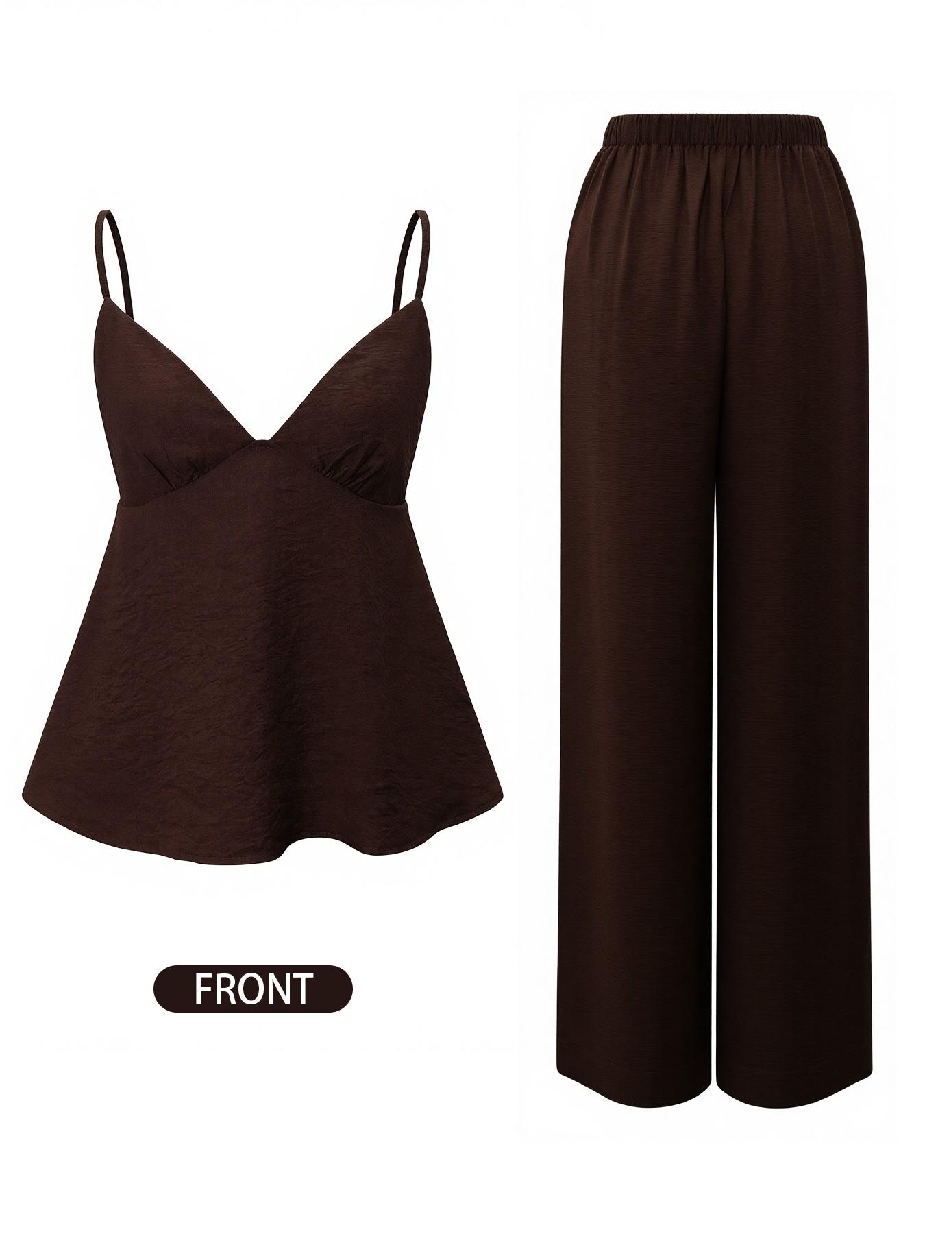 Fashion Casual Vacation Style Deep V Backless Crop Top and Wide Leg Pants Set, Womenswear Sleeveless Fitted H-Type, Long Regular Length, Natural Waist