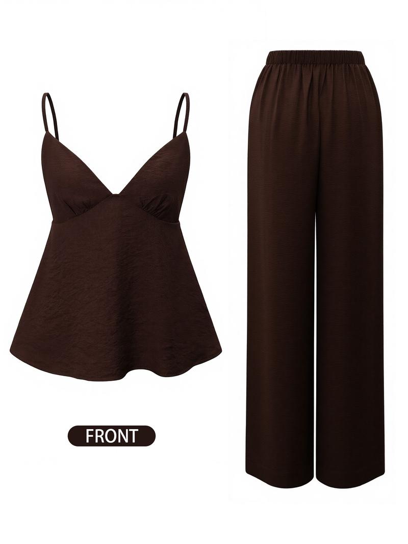 Fashion Casual Vacation Style Deep V Backless Crop Top and Wide Leg Pants Set, Sleeveless Fitted H-Type, Long Regular Length, Natural Waist