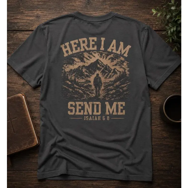 Here I Am Send Me Shirt, Isaiah 6:8 Christian Shirt for Men, Bible Verse Tee, Rugged Mountain Faith T Shirt