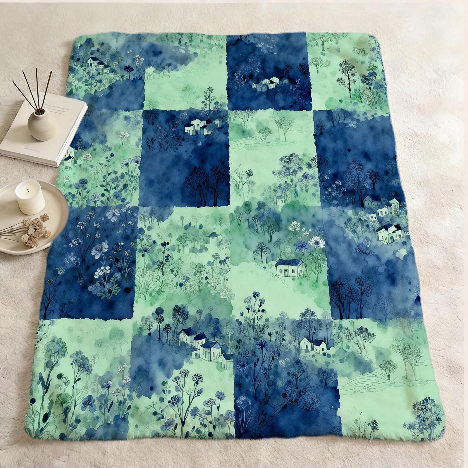 1 Piece Watercolor Landscape Checkered Blanket, HD Digital Single-Sided Printed Flannel Throw Blanket, Ultra Soft Cozy Blanket for Sofa, Bed and Travel, Aesthetic Decorative Gift Blanket