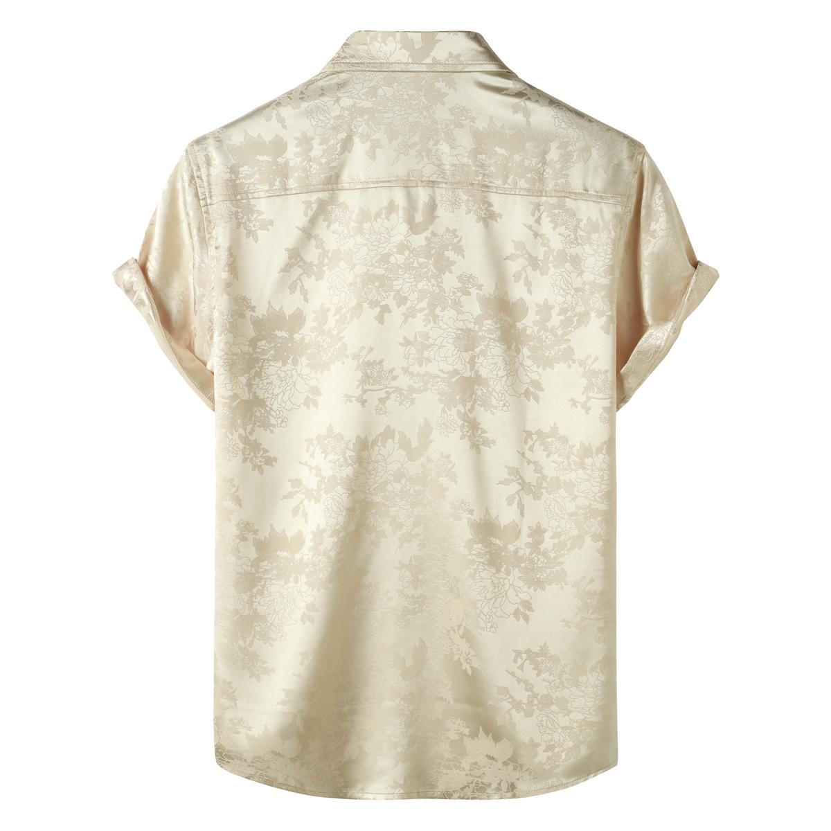 ZEROYAA Men's Shiny Luxury Silk Satin Floral Jacquard Short Sleeve Regular Fit  Down Shirt for Party Prom Smooth Casual summer outfits Lapel Neck Button Front