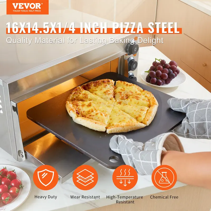 VEVOR Thick 0.25-Inch 16x14.5-Inch Pre-Seasoned Carbon Steel Pizza Steel Bakeware, 20X Higher Conductivity Heavy-Duty Pan for Indoor Oven, Outdoor Grill
