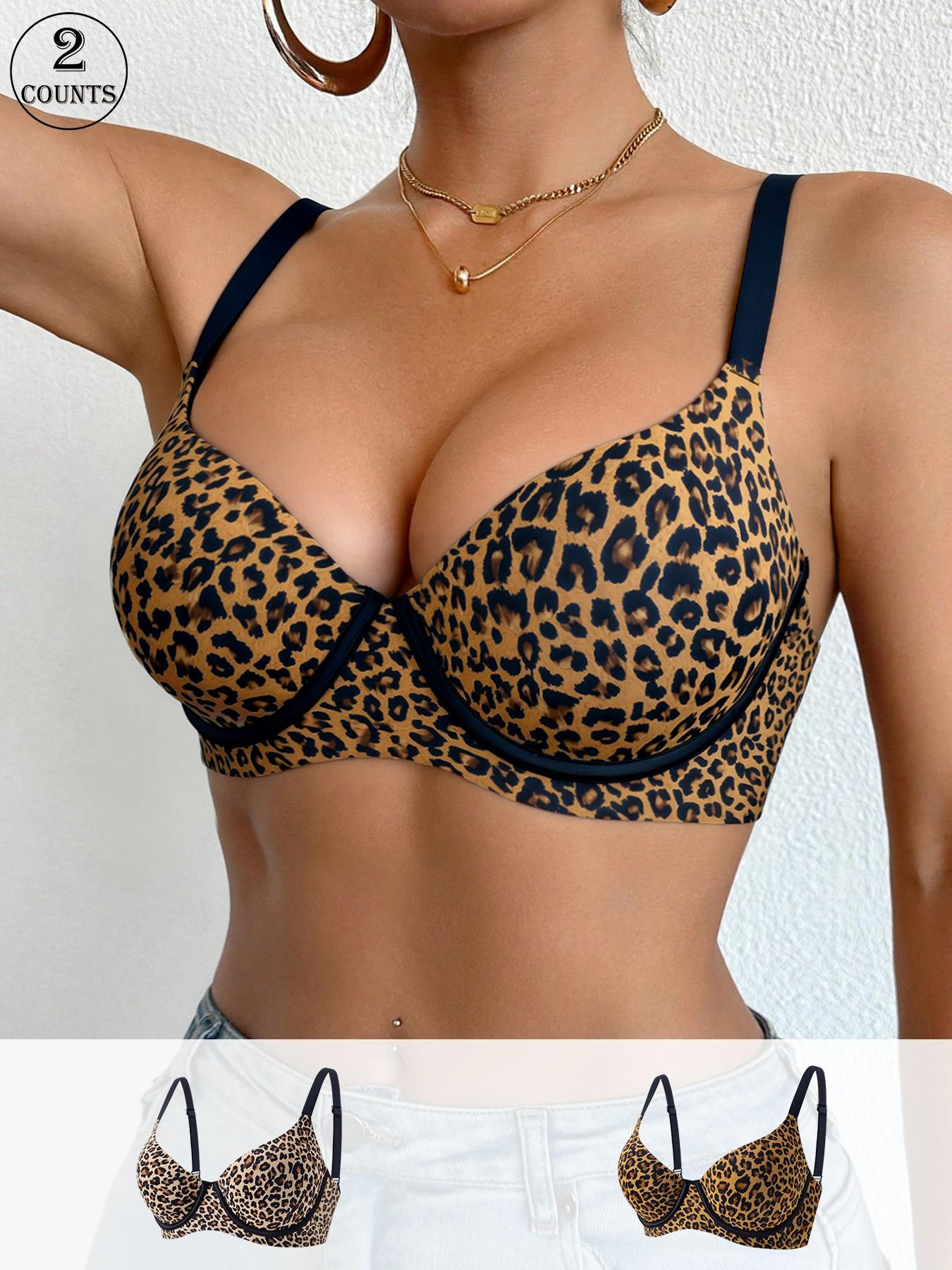 2 Piece Women's Leopard Print Push-Up Bra – Underwire with Non-Removable Padding, Thin Adjustable Straps – Multi-Tone Leopard Patterns – Suitable for Daily/Date/Commute & More Scenarios