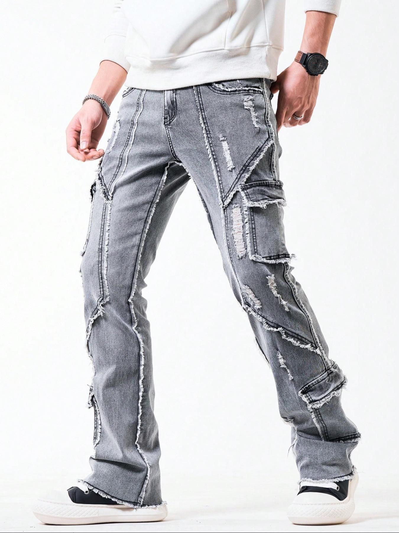 Men's Solid Color Fashion Ripped Fringe Denim Jeans, Mid Waist Stretch Tight Flared Pants with Button Fly, Casual Streetwear Style for Daily Wear