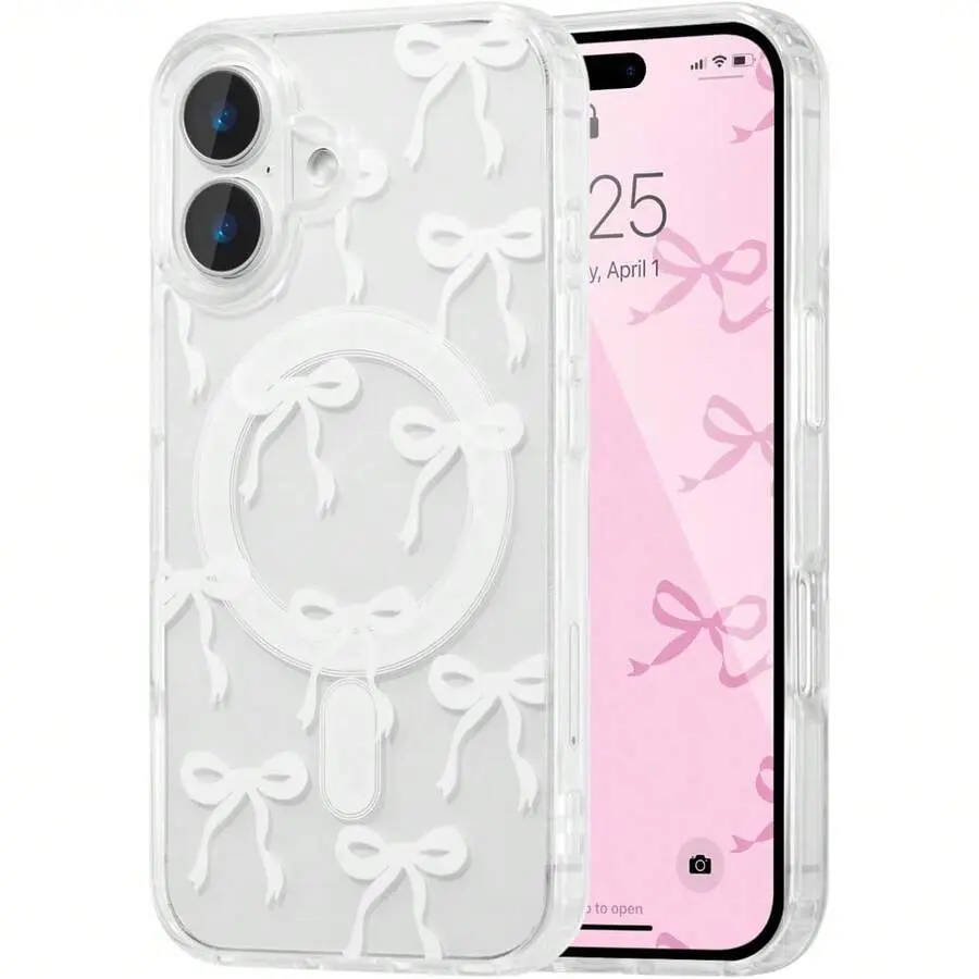 TMCX Bowknot White Cellphone Casing - Wireless Slim Ribbon Aesthetic Cover for iPhone 17/17 Pro/17 Pro Max/17 Air, 16/16 E/16 Pro/16 Pro Max/16 Plus, 15,14,13,12,11 - Anti-Yellowing Shockproof Accessories for Women Girls