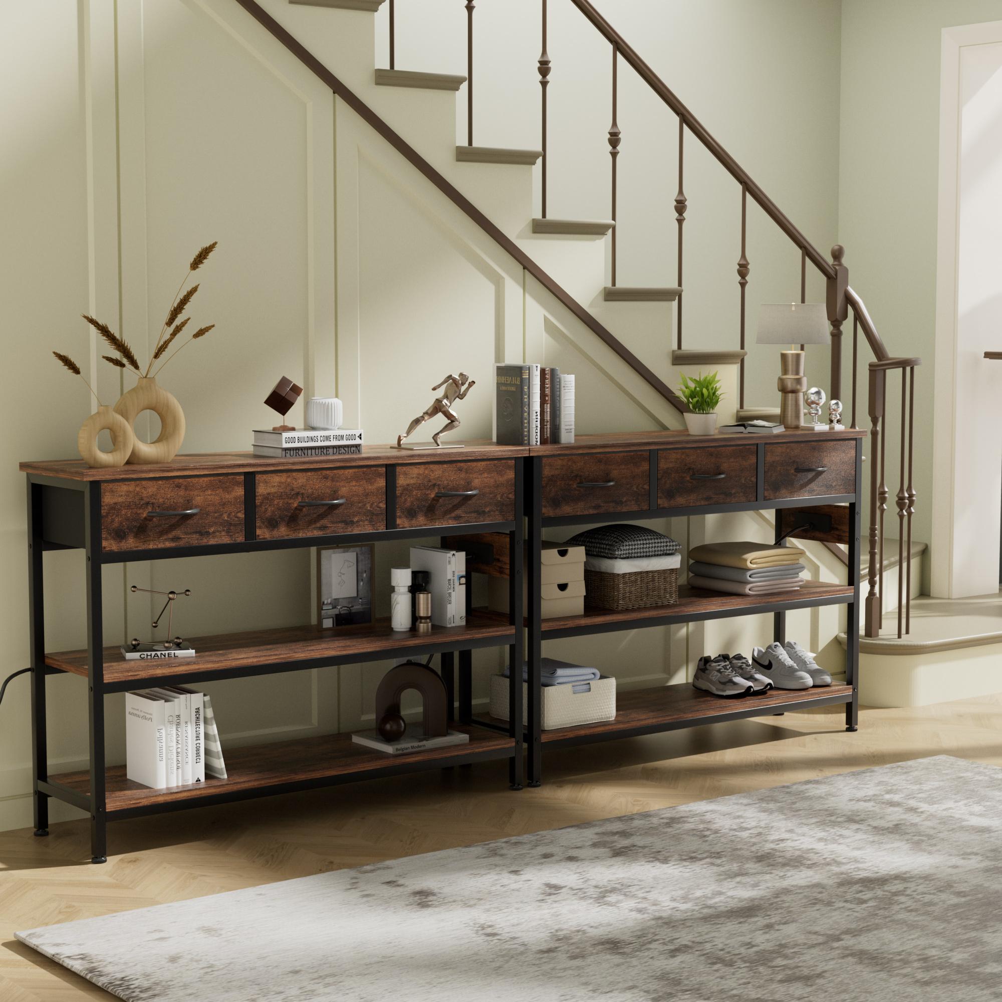 Aowos Entryway Table with Power Outlets, Console Table with 3 Fabric Drawers, 3 Drawers Dresser, Entryway Console Table with storage for Living Room, Hallway, Couch, Foyer, Height Adjustable