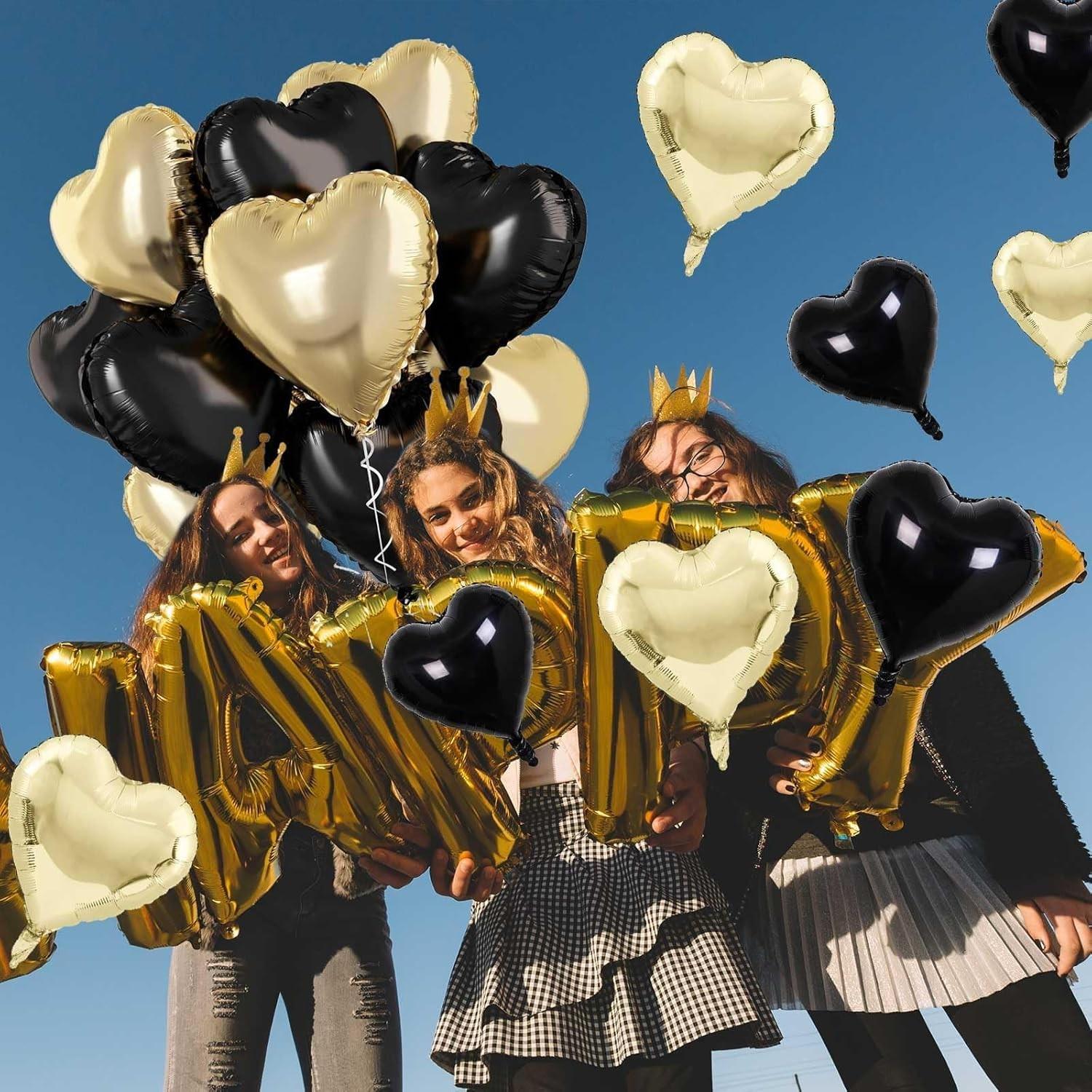 Black gold aluminum foil heart-shaped balloons, 18 inch 10 pack heart-shaped balloons with two accessories, suitable for occasions such as birthdays, graduation ceremonies, Valentine's Day, baby parties, anniversaries, etc.