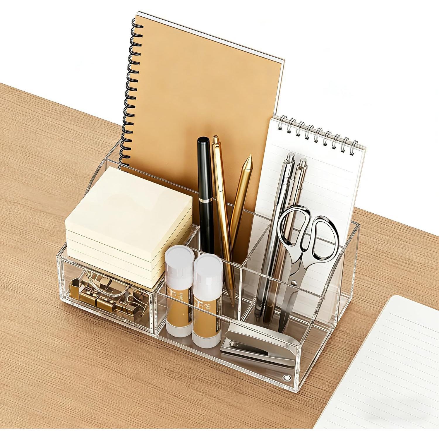 Desk Organizer with Drawer, Pen & Pencil Holder, Multifunctional Desktop  for Office  and Organization (Clear)