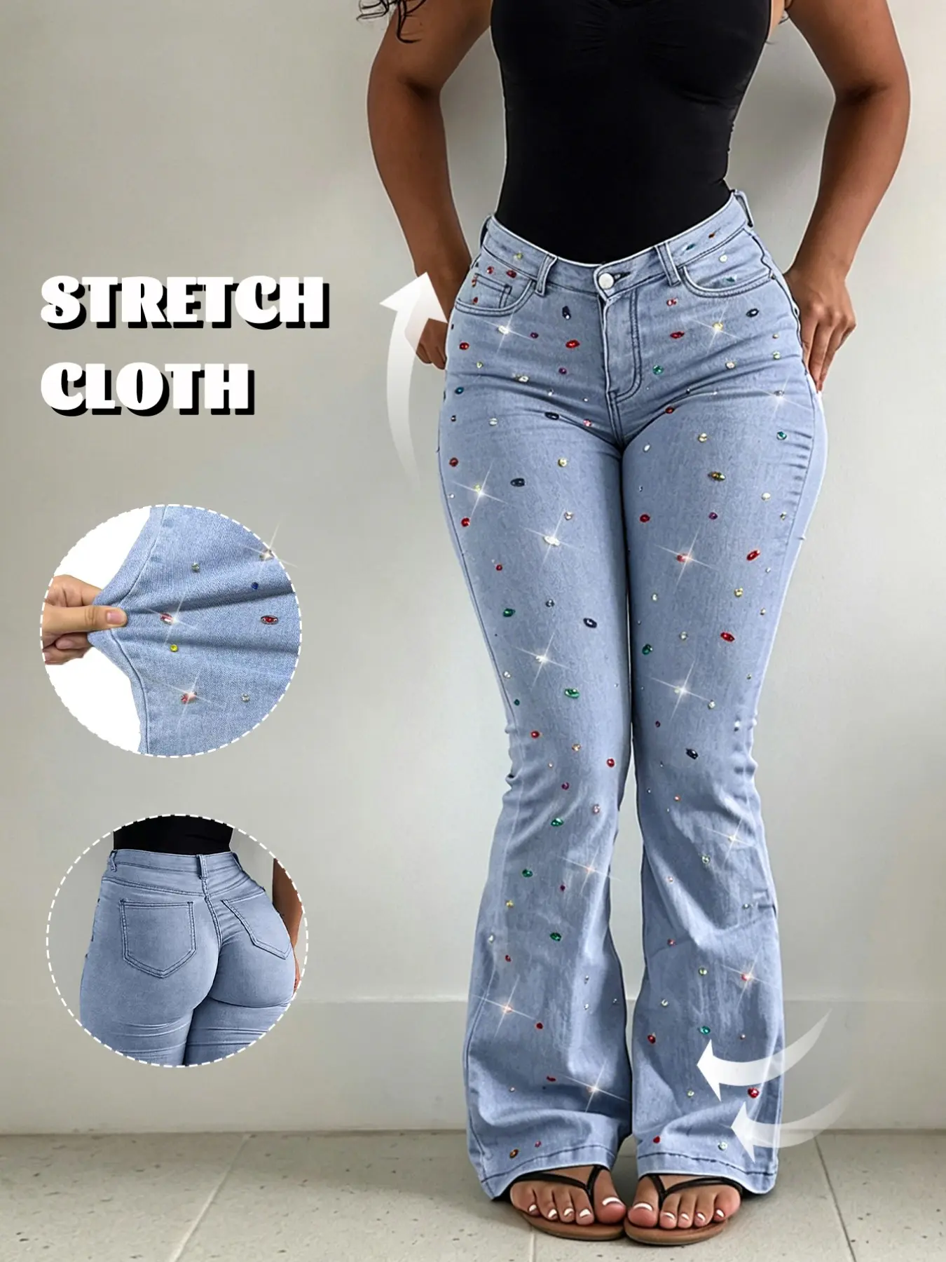 GILIPUR Ladies High‑Waist Flare Denim Jeans, Colorful Rhinestone Embellished Stretch Pants, Breathable Soft‑to‑Touch High Elastic Fitted Trousers For Club Night Going‑Out Street Outfit TChic