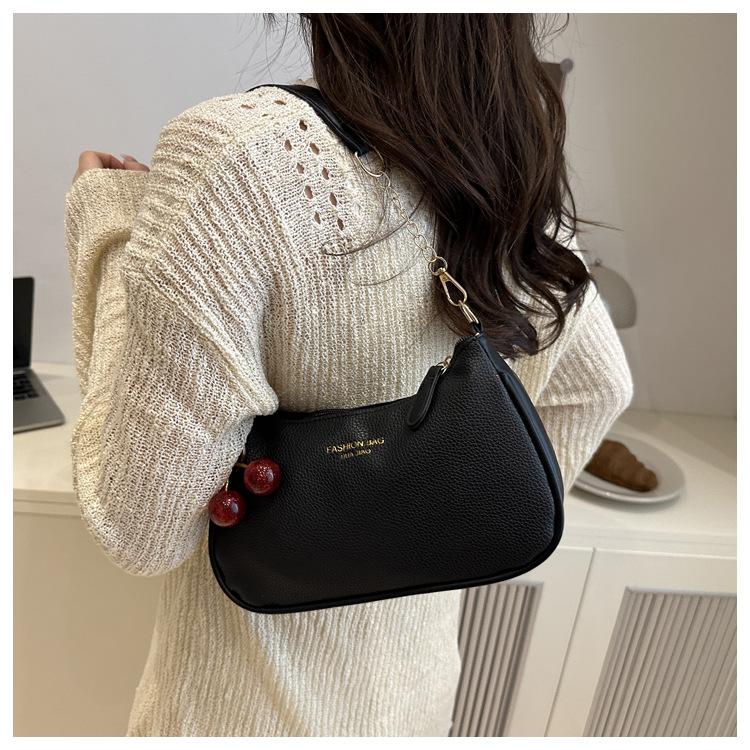 Women's Viral Cherry Charm Synthetic Baguette Bag - Cute Mini Shoulder Bag with Gold Chain, Ideal for Brunch, Date Night, Crossbody Daily Use
