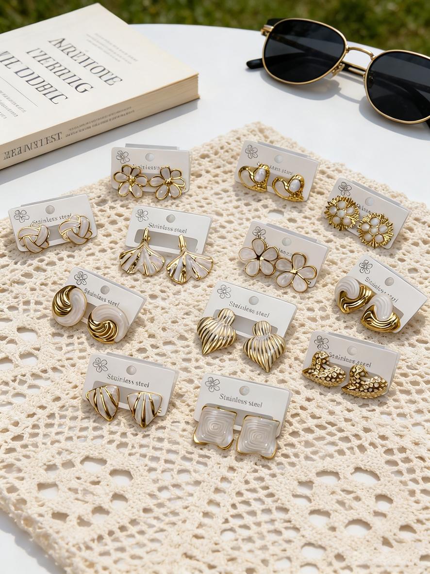 White Enamel Gold Stud Earrings for Women, Dripping Oil Heart Flower Geometric Earring, Hypoallergenic Stainless Steel Jewelry, Trendy 2026 Summer Accessory for Party & Daily Wear