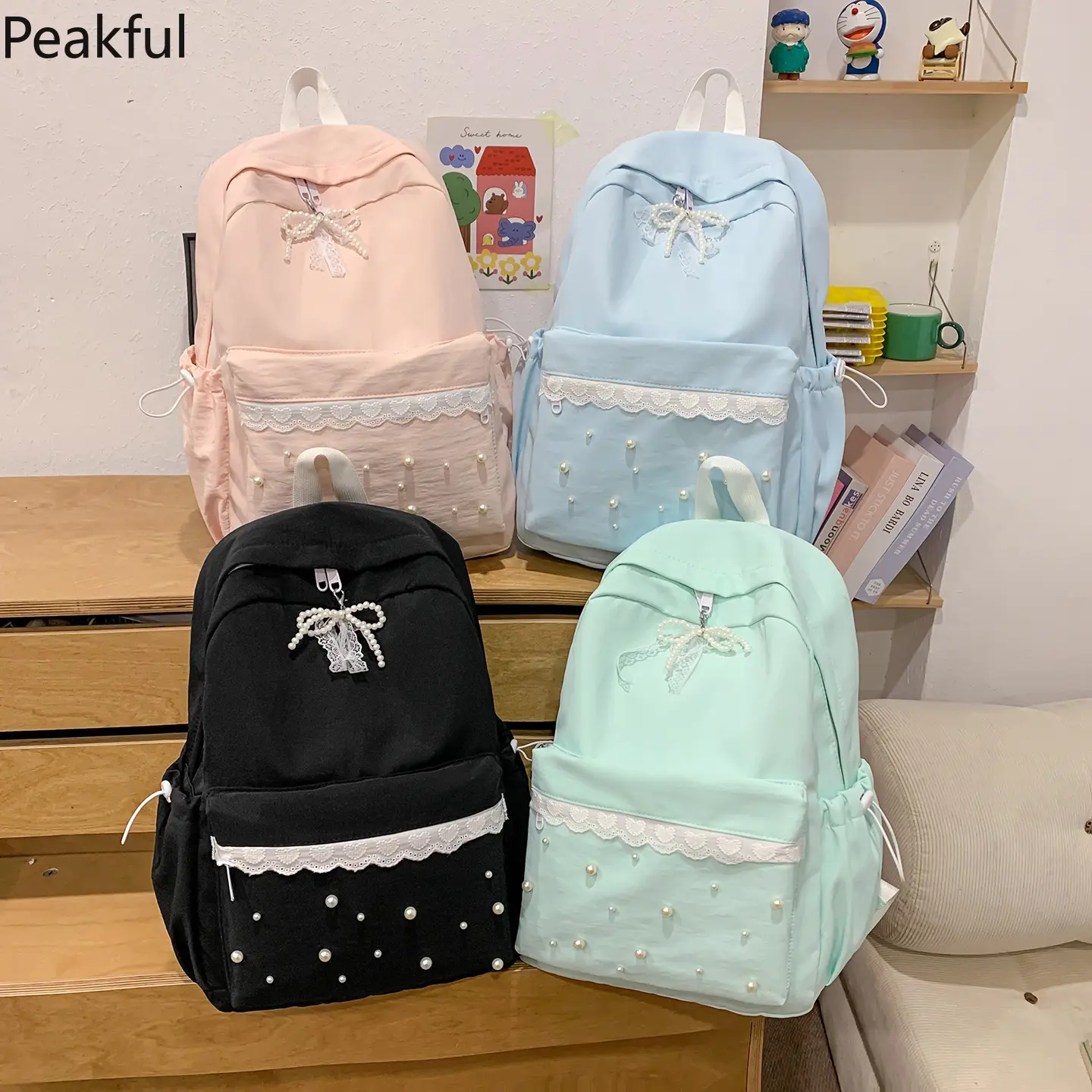 2026 Versatile Pearl Embellished Backpack, Lightweight Large Capacity School Bag with Water-Resistant Oxford Fabric, Stylish Rucksack for Students, Commute & Vacation