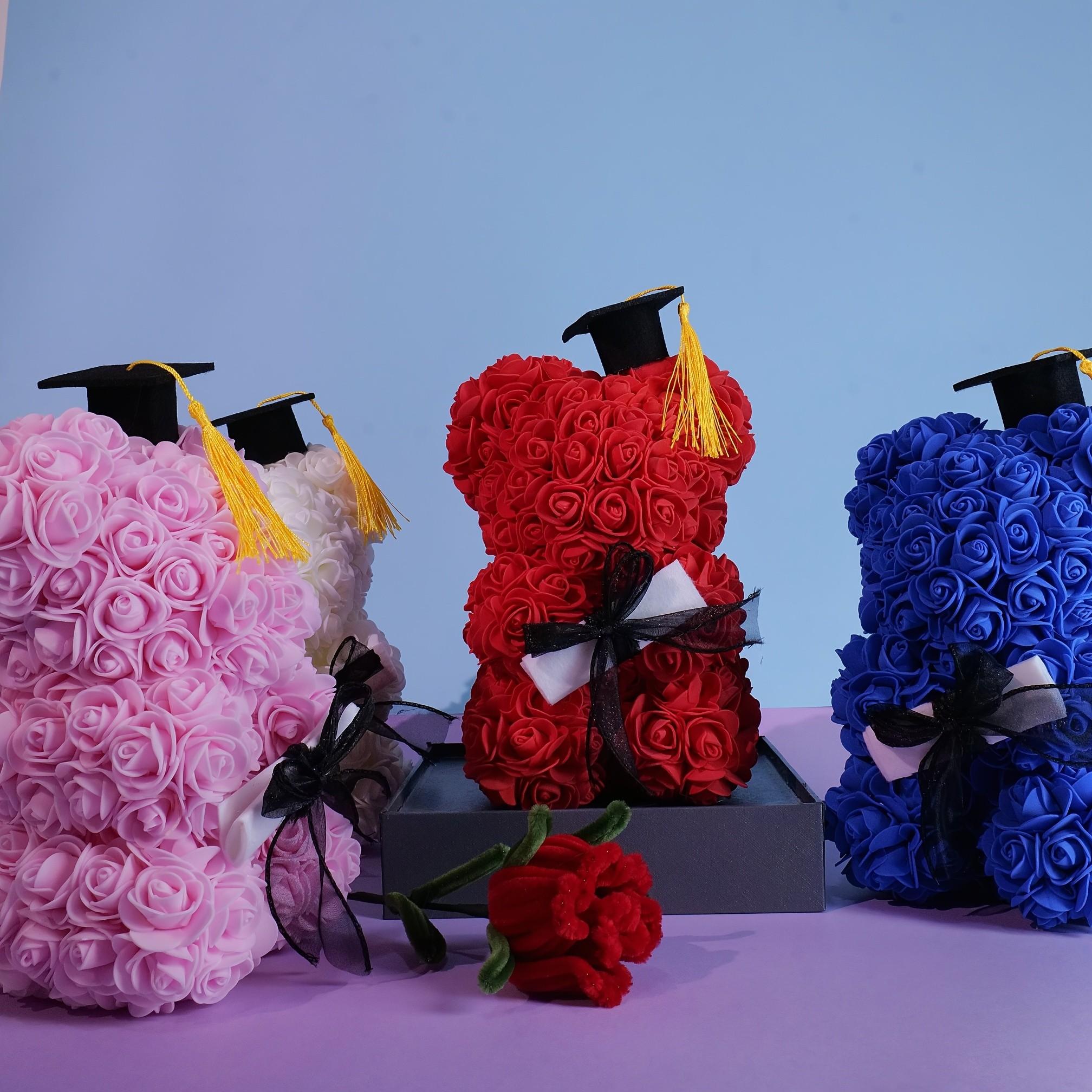 Graduation Gift Bear with Rose Hat, Multiple Colors Available, Perfect Graduation Present, Elegant and Unique Design