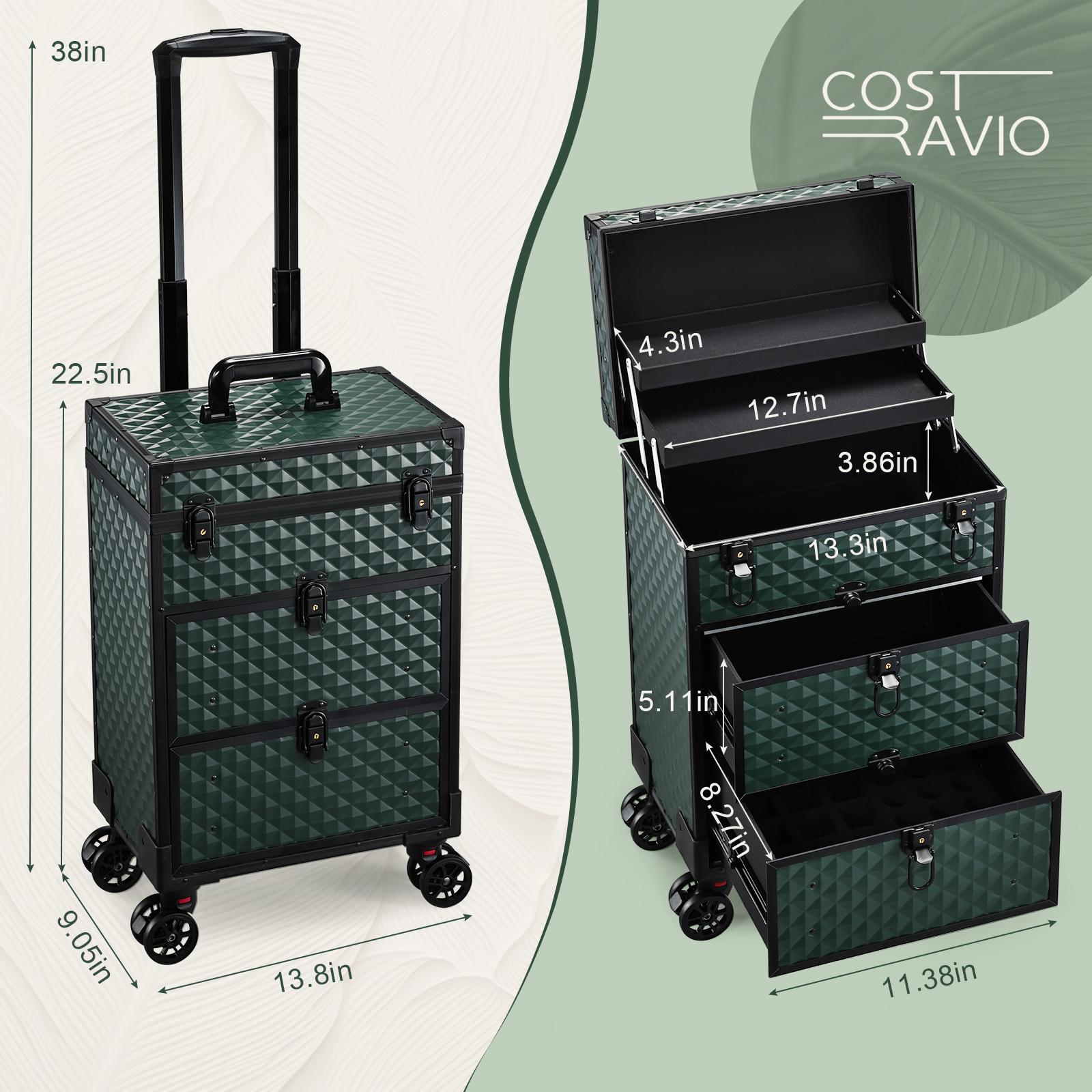 Joligrace Rolling Makeup Train Case Professional Cosmetic Trolley Nail Polish Organizer with 2 Large Drawers, Makeup Pouch for Artists Nail Technician Salon Cart Trunk Black