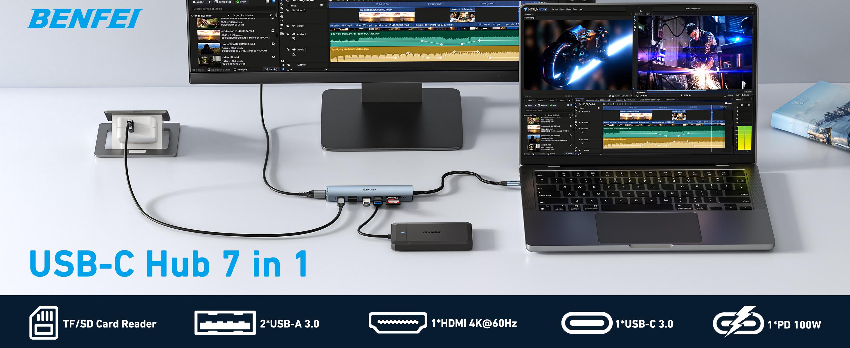BENFEI 7-in-1 USB C Hub with HDMI(4K@60Hz), 2 USB-A, 1 USB-C Data, 100W Charge, SD/TF Card Reader, Silicone Tangle-Free Cable Compatible with MacBook Pro/Air, iPad Pro, iMac, iPhone 15 Pro/Pro Max BENFEI 7-in-1 USB C Hub with HDMI(4K@60Hz), 2 USB-A, 1 USB-C Data, 100W Charge, SD/TF Card Reader, Silicone Tangle-Free Cable Compatible with MacBook Pro/Air, iPad Pro, iMac, iPhone 15 Pro/Pro Max