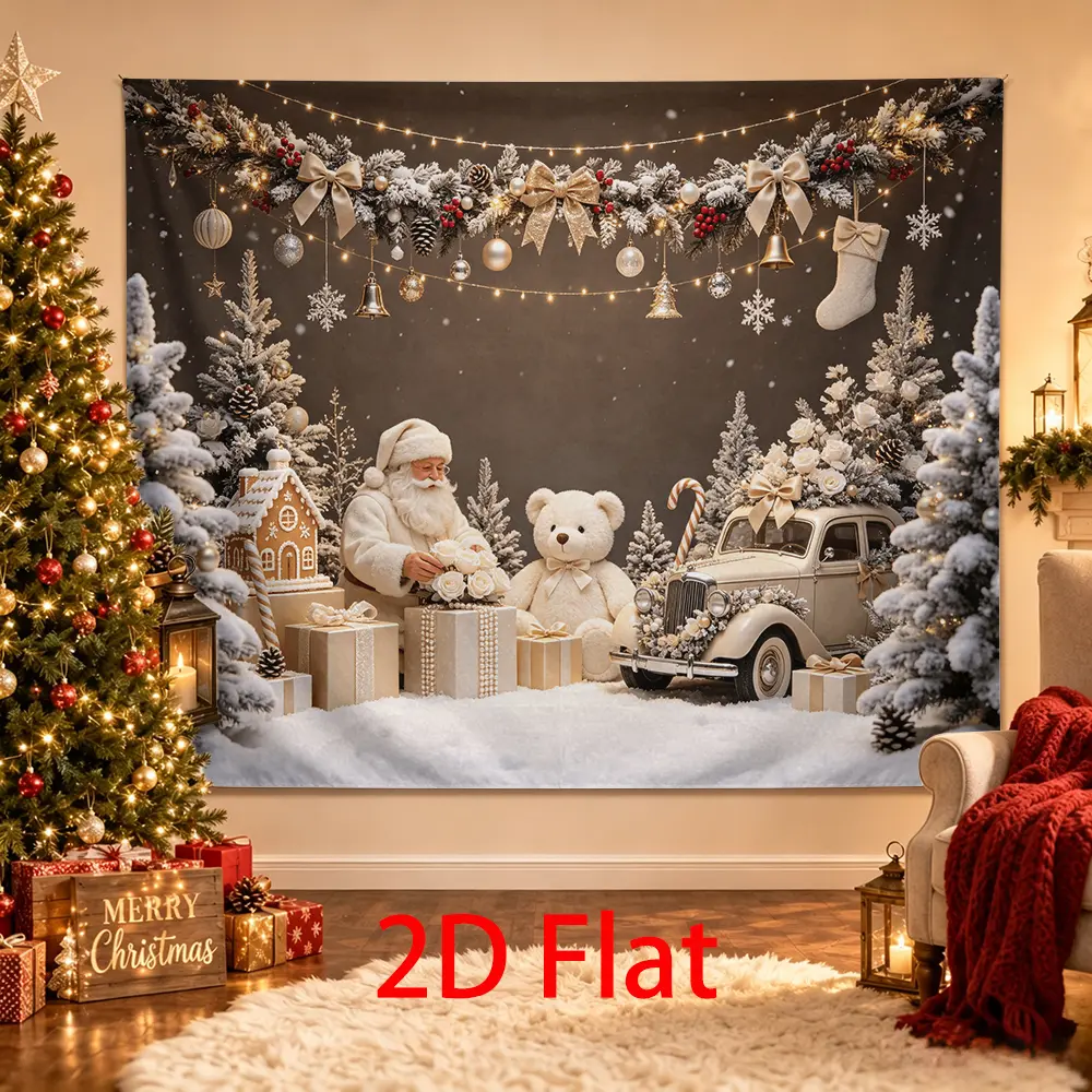 Ivory Gold Christmas Backdrop, Santa Teddy Bear Vintage Car Snowy Winter Photo Background