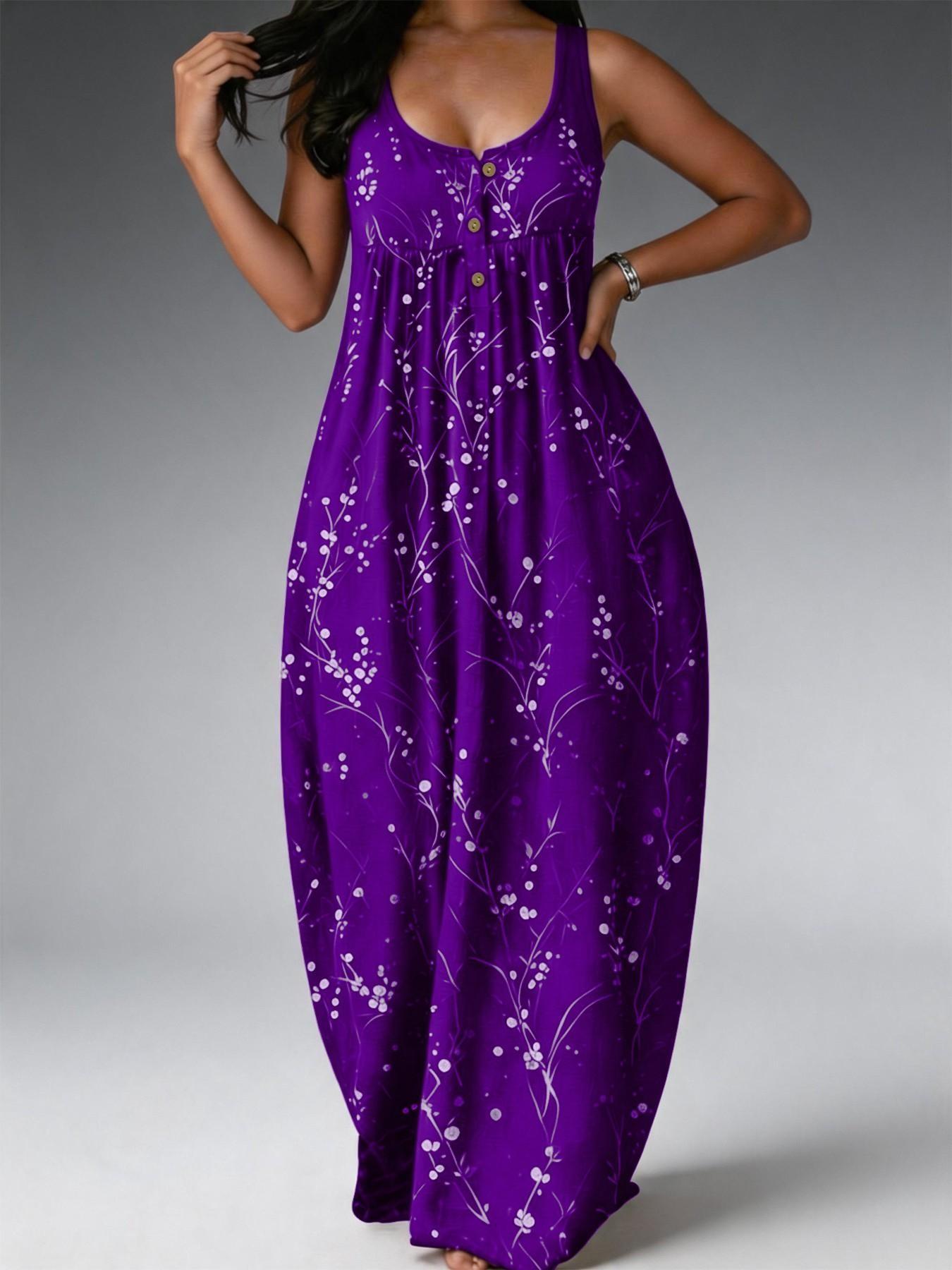 Elegant Plus Size Women's Dress, Loose-Fit Floral Branch Print, Fashionable Chic Sleeveless Long Dress