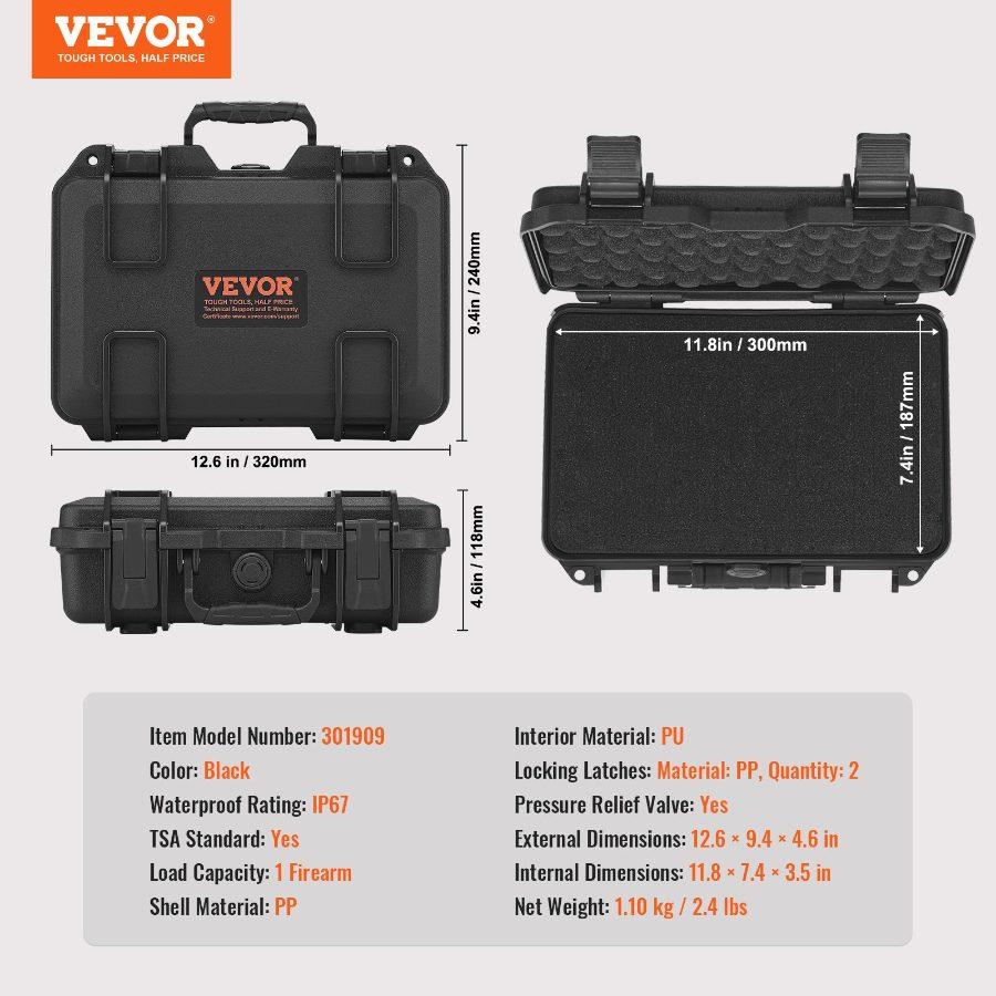 VEVOR Hard Pistol Cases with Pre-cut PU Foam, Waterproof Dustproof Hard Gun Case for 1 Pistol, 12.59×9.01×4.4 in Lockable Pistol Case, Black