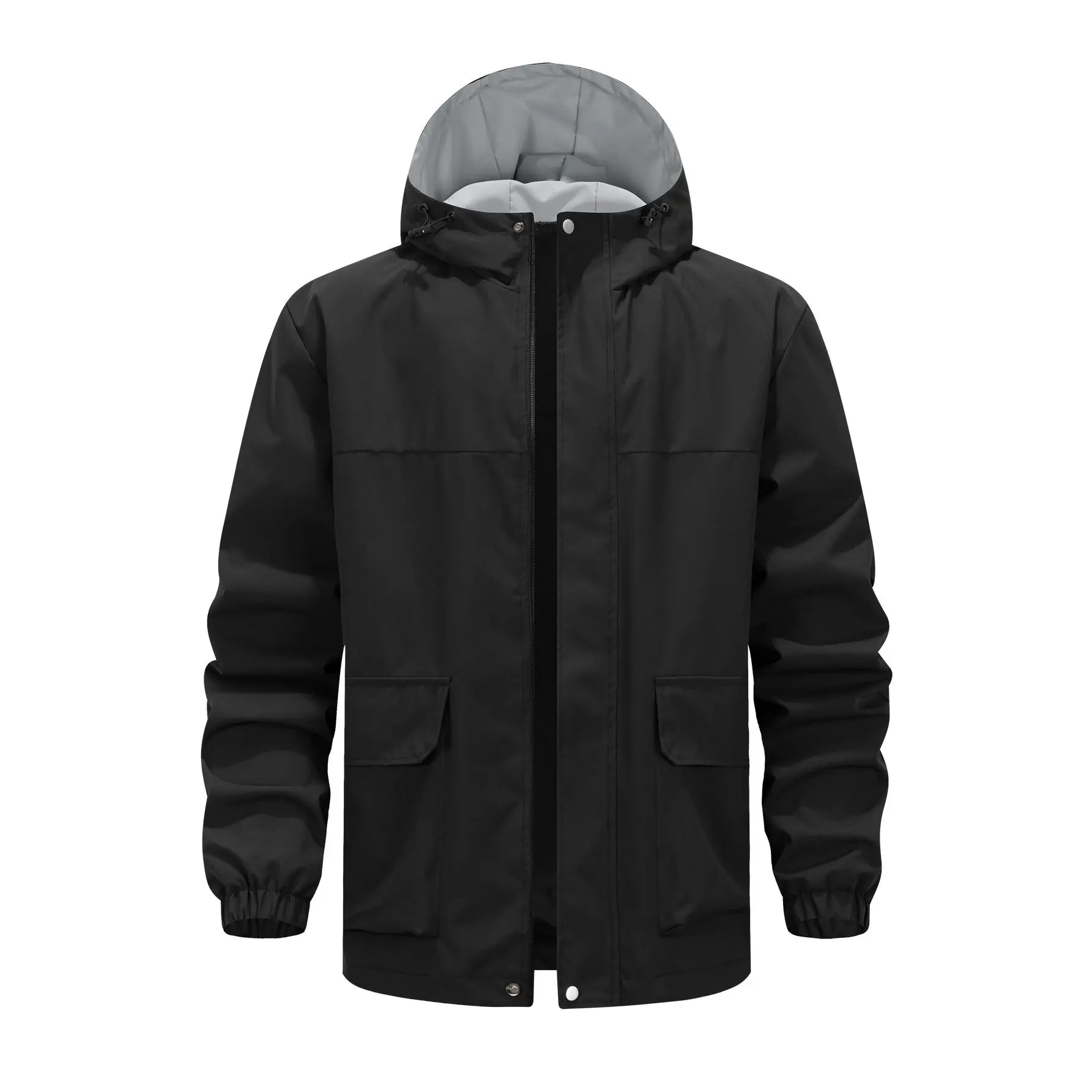 Men Light Gray Hooded Cargo Windbreaker Jacket Snap‑Button Placket Drawstring Adjustable Hood Multi‑Cargo Pockets Elastic Cuff Lightweight Wind‑Resistant Outerwear For Hiking Camping Travel Street Fashion Spring Fall Mens Outer Jacket