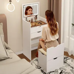 3-In-1 Compact Small Space Makeup Vanity Table Set with Matching Storage Stool Flip Top Hidden Storage Dressing Desk with 3-Color LED Lighted Mirror Two Drawers for Bedroom Cosmetics Personal Items Storage