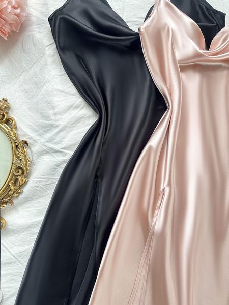 Elegant Backless Cami Nightdress Set, High Split Design, Faux Silk Fabric, All-Season Wear, Women's Sleepwear Collection