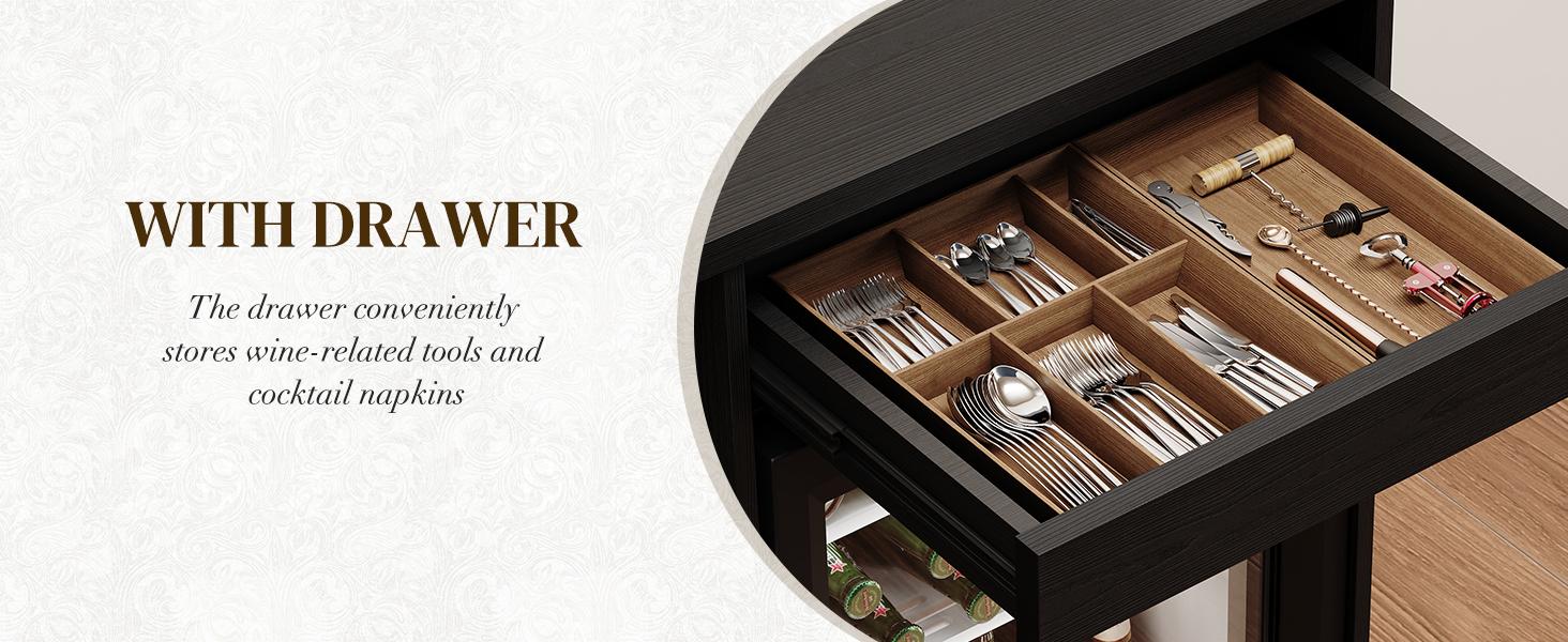 MIIFUNY Coffee Bar Cabinet with Fridge, Liquor Cabinet with LED Lights & Glass Holder, Mini Fridge Cabinet with Wine Storage, Human Body Sensor, Sideboard Buffet Table for Kitchen Dining Room, Black