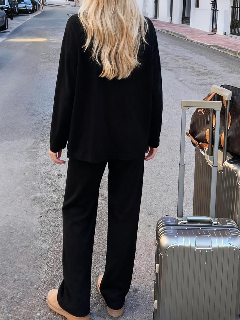 Women's Fall Winter Knitted Travel Airport, Soft Fleece Warm Round Neck Long Sleeve Pants Set, Two-Piece Sweater Dress