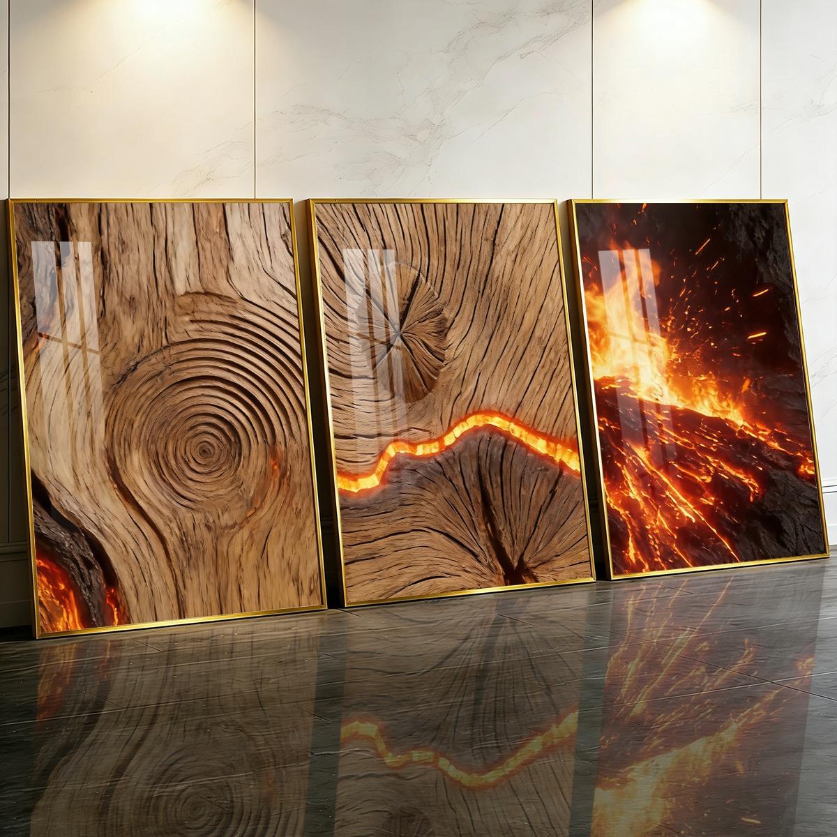 3 Counts Aluminum Alloy Framed Painting, Burning Wood Texture And Flowing Lava Art Pictures, Home Decoration For Living Room, Bedroom, Office, Restaurant, Hallway Wall Decor, Odorless Print Artwork, Luxury Perfect Gift For Friends And Family