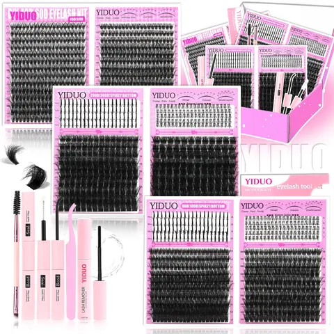 YIDUO 8 Styles DIY Volume Lash Clusters Eyelash Set, Eyelash Extensions 40D/60D/80D 1440Pcs With Lash Bond and Seal, Lash Remover, Lash Tweezers, Eyelash Brush, Voluminous False Eyelashes, Volumized False Eyelashes