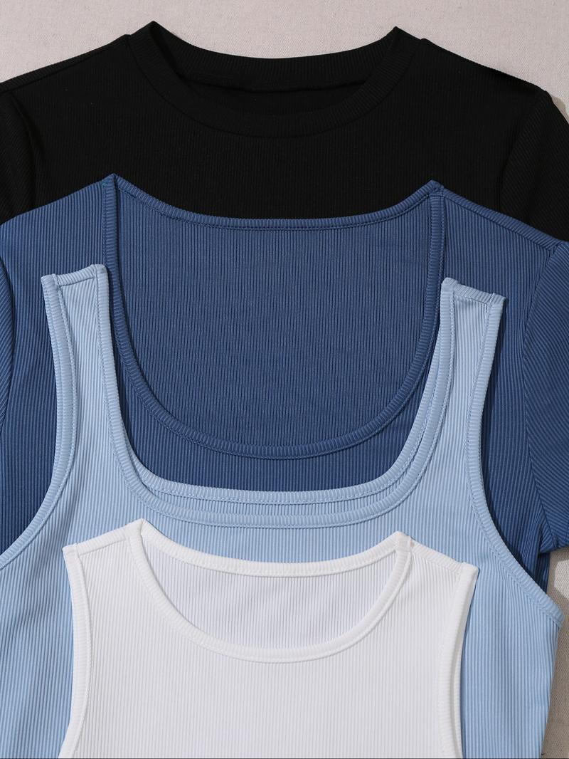 Women's Plain Scoop Neck Tank Bodysuit & Tee Bodysuit with Open Crotch Design, Stretchy Bodysuit, Casual Ribbed Bodysuit for Summer, Ladies Clothes for Daily Wear