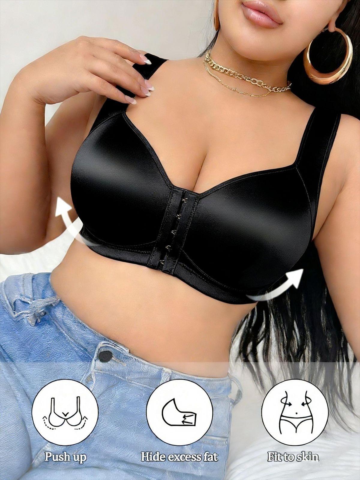 Women's Front Snap Closure Sports Bra, No Underwire Gathered Lift Anti-Sag Plus Size Bras, Smooth Fabric Comfortable Support