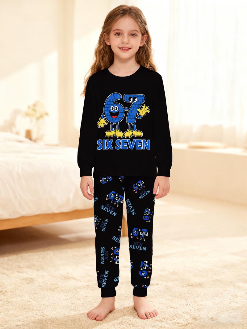 #67 Kids Long Sleeve Pajama Set,  Six Seven Cute Cartoon Pattern, Loose-Fitting Sleepwear, All Seasons, Ideal Gift for New Year & Reading Festival, Cartoon Print Pajama