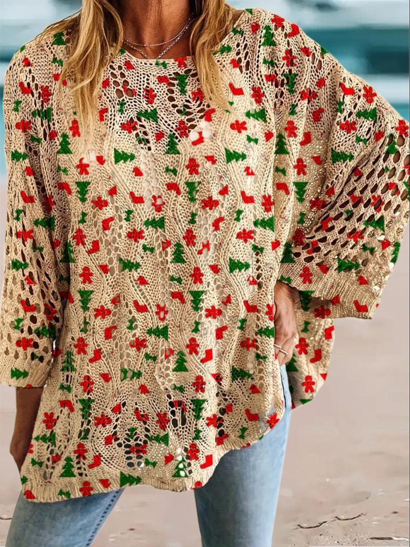 Women's Christmas Tree Print Long Sleeve Knit Top, Casual Elegant Vacation Style Sweater, Loose Batwing Shoulders, Spring Fall Clothing