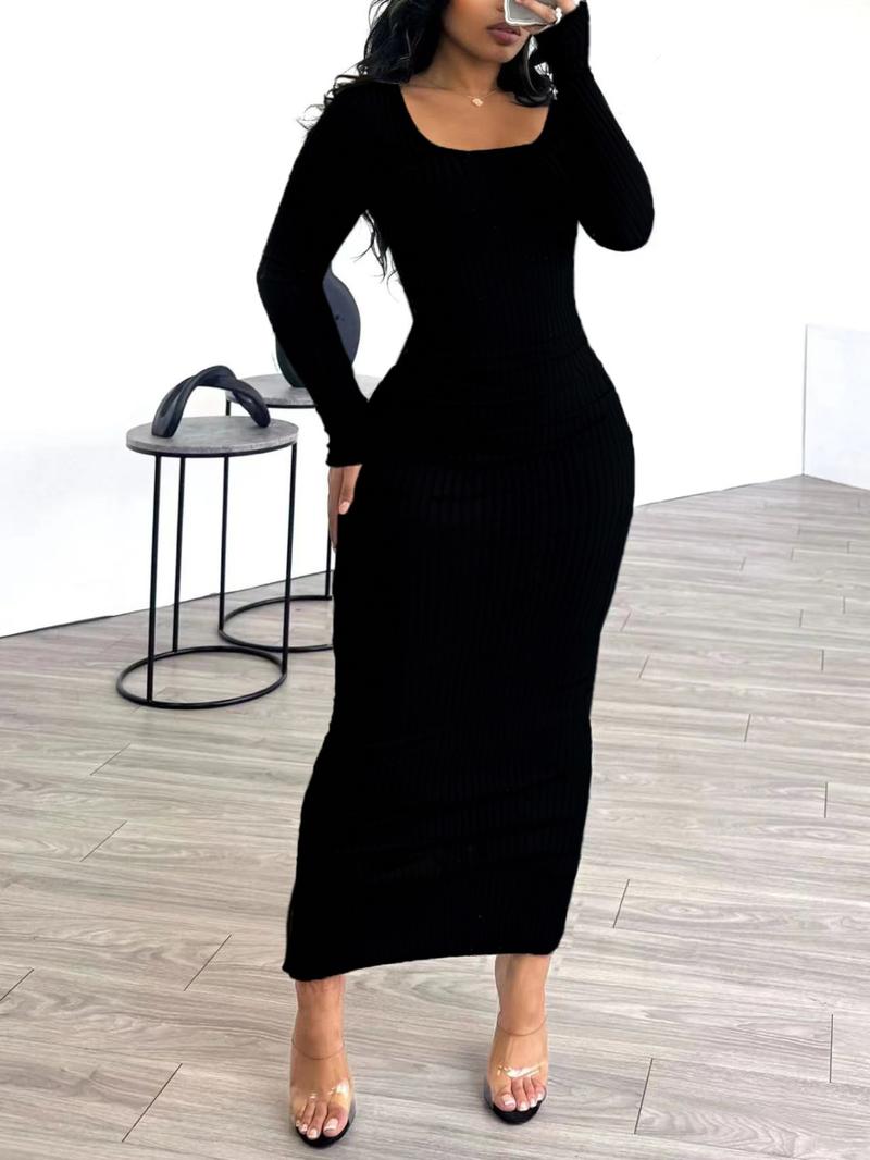 Women's U-Neck Dress Spring New Corduroy Print Back Long Skirt, Fashion Sexy Elegant Casual Medium-Length Dress for Autumn Winter