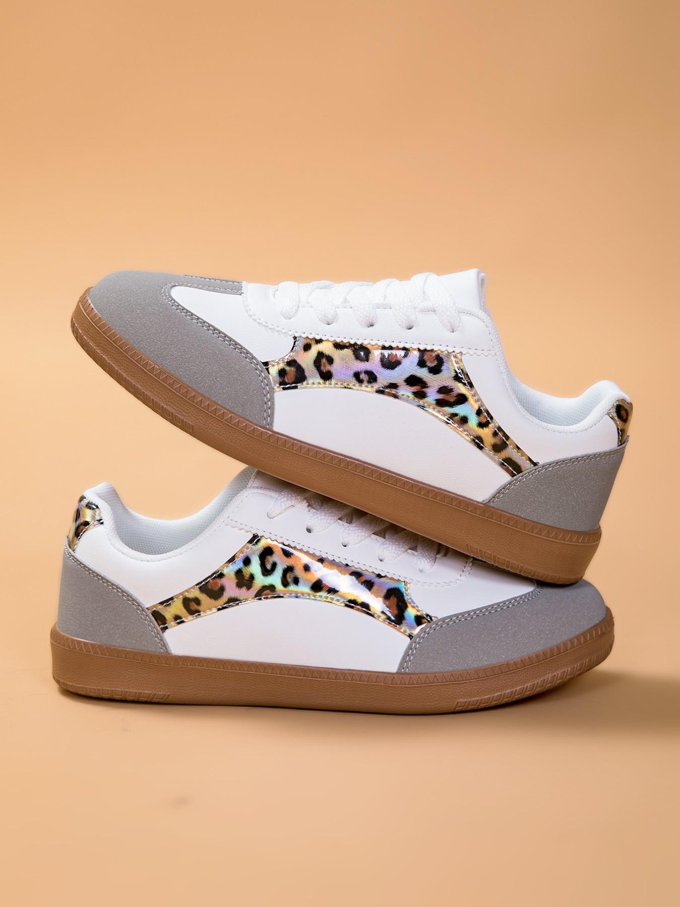 Dn. Monkeys Unisex Retro Leopard Print Sneakers, Laser Cut Patchwork Design, Casual Low Top PU Leather Shoes, All Seasons Comfort