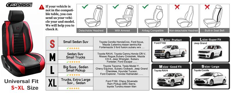 CAR PASS Leather Car Seat Cover Front Seat, Luxury Seat Protector for Cars, Waterproof Anti-Slip Seat Cushion Armrest Compatible Airbag Universal for Sedan SUV Pick-up Truck Auto, Black&Red 1 Count